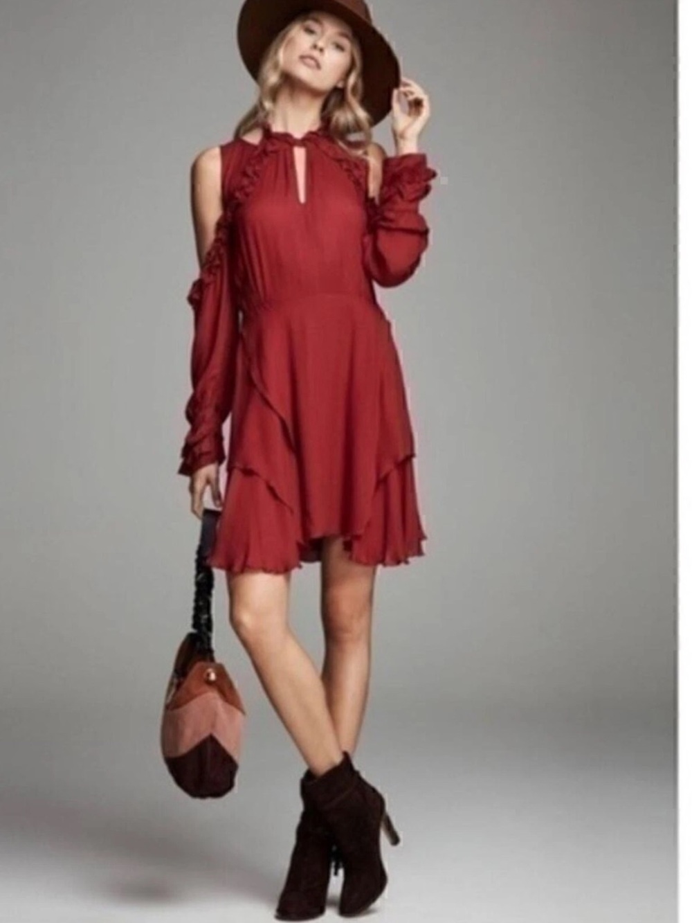 IRO PARIS Burgundy Hanie Cold-Shoulder Ruffle Mini Dress Size 38